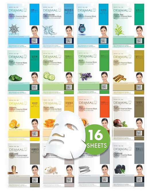 DERMAL Korean Collagen Face Mask – Hydrating & Soothing Sheet Mask with Panthenol – Hypoallergenic Calming Moisture Care for All Skin Types – 16 Combo Pack A