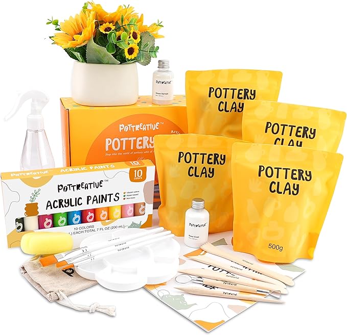 POTTREATIVE Air Dry Clay Pottery Kit - Home DIY Pottery Starter Kits with Air-Dry Clay，Sculpting Pottery Tools and Step-by-Step Guide - Great for Date Night, Arts Crafts Hobby