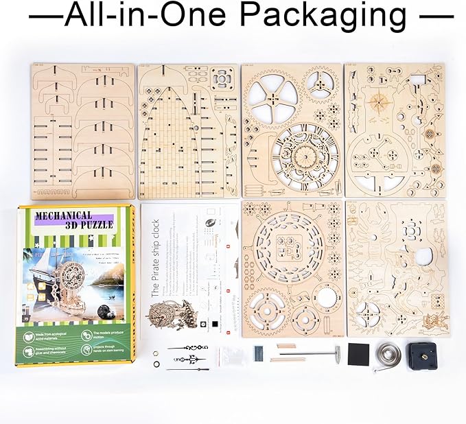 3D Wooden Puzzle Mechanical Clock – Pirate Ship DIY Model Kit for Adults & Teens, Build-Your-Own Wood Craft, Working Clock, Unique Gift & Nautical Home Decor