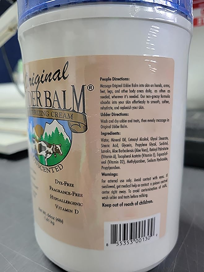 Original Udder Balm Unscented Tub - Made in USA - Hypoallergenic, Dry Skin Relief for Hands, Feet & Face, Moisturizer for Sensitive, Cracked Dry Skin, 64 Fl Oz