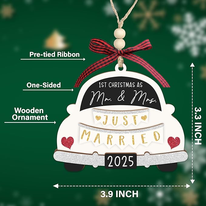 First Christmas Married Ornament 2025 - Mr and Mrs Gifts - Wedding Gifts for Couples 2025, Just Married, Newlywed Keepsake - Wooden Mr and Mrs Ornament with Gift Box