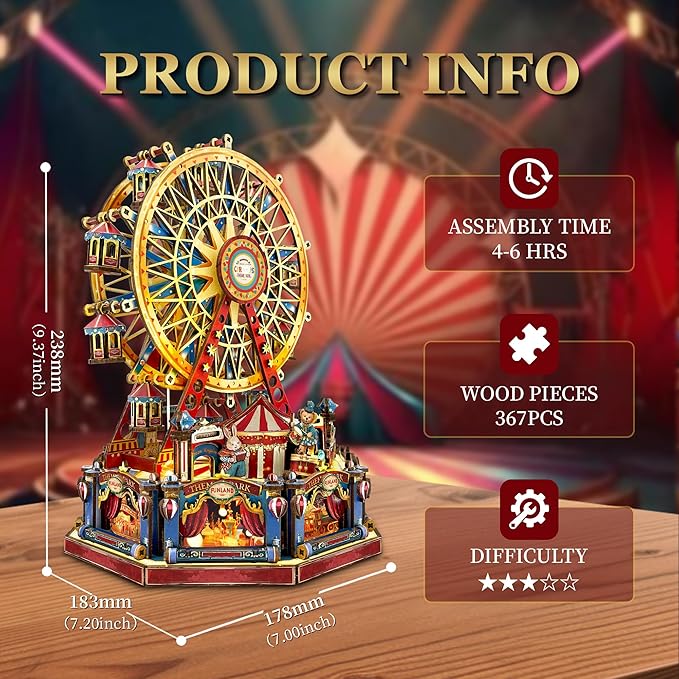 DIY 3D Wooden Puzzle Ferris Wheel,DIY Dollhouse Kit Circus Building Model,Christmas Decor Craft Sets with Lights and Music,Gifts for Adults Teens -Century Ferris Wheel(SQ-69)
