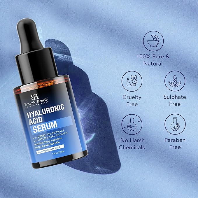 Botanic Hearth 0.5% Hyaluronic Acid Serum For Face With 2% Niacinamide, Witch Hazel & Green Tea Extracts | Hydrating & Moisturizing | Helps Reduce Wrinkles & Fine Lines | All Skin Types | 1Fl Oz