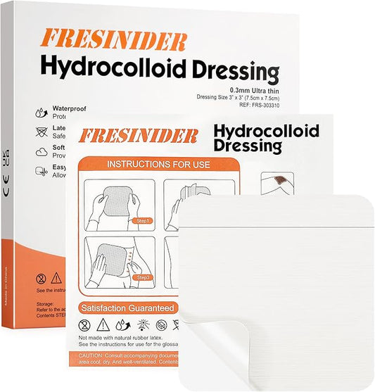 Hydrocolloid Wound Dressing 3" x 3" – 10 Pack Ultra Thin Self-Adhesive Bandages for Wound Care, Bed Sores, Acne, Blisters – Waterproof & Absorbent Hydrocolloid Patches for Faster Healing