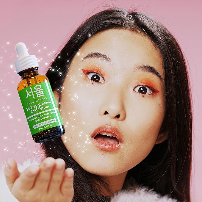 SeoulCeuticals Organic Polyglutamic Acid Serum - Korean Skin Care + Hyaluronic Acid + Centella Asiatica - K Beauty Anti Aging - Healthy Glowing Skin 1oz