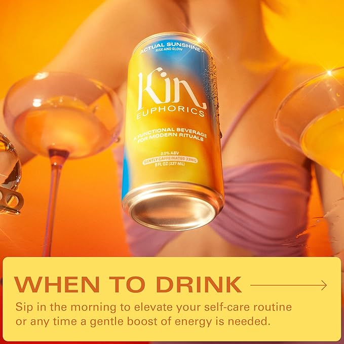 Kin Euphorics Actual Sunshine Non-Alcoholic Functional Beverage | Rise and Glow from Within | Immunity + Beauty Booster | Adaptogens, Nootropics, Collagen | 8 FL Oz, 8PK