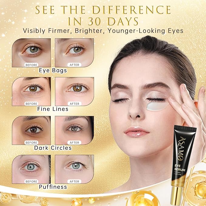 ASAMO Retinol&Caffeine eye serum, Fast Absorbing, Correction for Puffy Eye Bags Fine Lines Dark Circles Wrinkles, 48Hr Hydrating Under Eye Cream, 0.7fl.oz