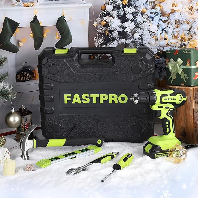 FASTPRO 177-Piece 20V Cordless Lithium-ion Drill Driver and Home Tool Set, Household Repairing Tool Kit with Drill in Storage Case, Green