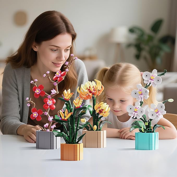 Flower Bouquet Building Blocks 4 Set, Artificial Flowers Toys Botanical Collection DIY Unique Home&Office Bonsai Decoration Adults, Teen Girls for Birthday