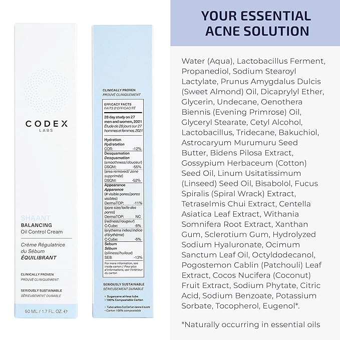 Codex Labs Shaant Balancing Face Cream - Oil Control & Plant-Based Retinol Alternative - For Acne-Prone Skin, All Skin Types - With 1% Bakuchiol & Ashwagandha - Vegan & Cruelty-Free (1.7oz)
