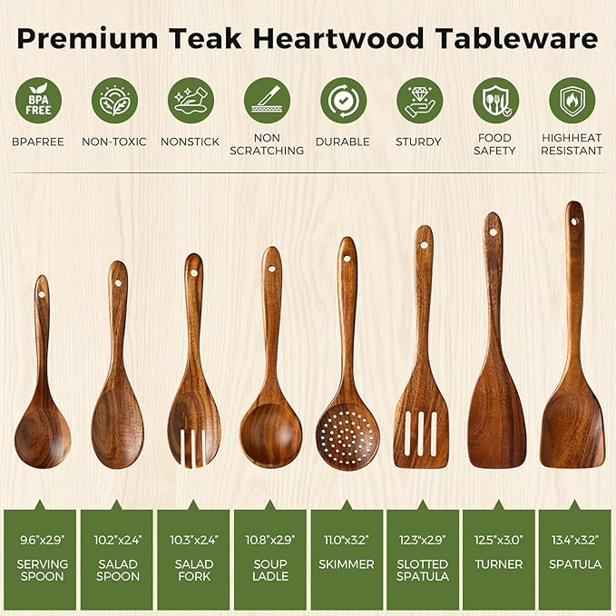 8-Piece Teakwood Utensil Set for Cooking, Natural Wooden Spoons & Spatulas for Non-Stick Cookware, Kitchen Gift Set for Christmas, Housewarming, Wedding