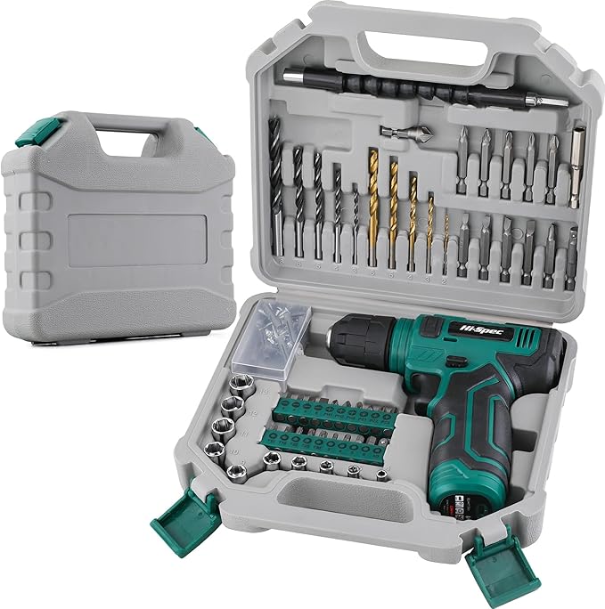 Hi-Spec 110pc Green 8V USB Electric Power Cordless Drill Driver Set. Drill Bits, Sockets and Screwdriver Bit Set Accessories In a Portable Toolbox Case