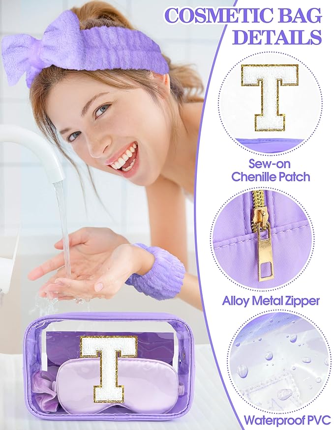 Gift Sets for Women, Initial Makeup Bag with Makeup Brush Set Bachelorette Party Favors, Purple Spa Kit with Skincare Headbands Wrist Bands Sleepover Party Supplies Gifts for Teen Girls Bridesmaid T