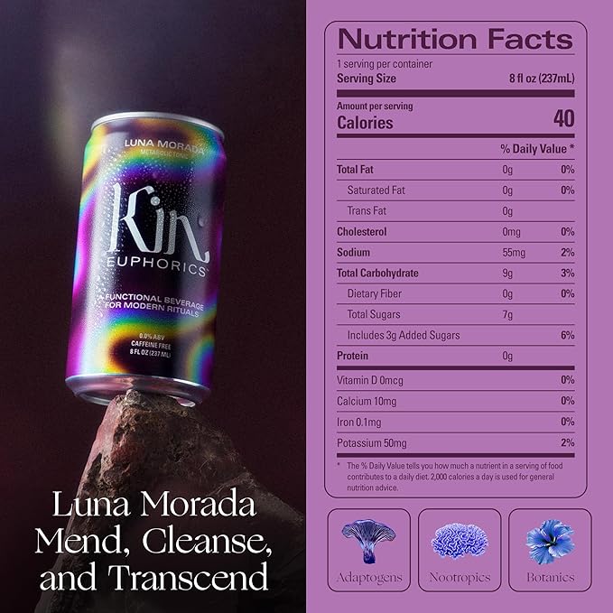 Kin Euphorics Luna Morada Non-Alcoholic Functional Beverage | Metabolic Tonic for Digestive & Liver Support | Caffeine-Free & Functional Beverage | 8 Fl Oz (8pk)