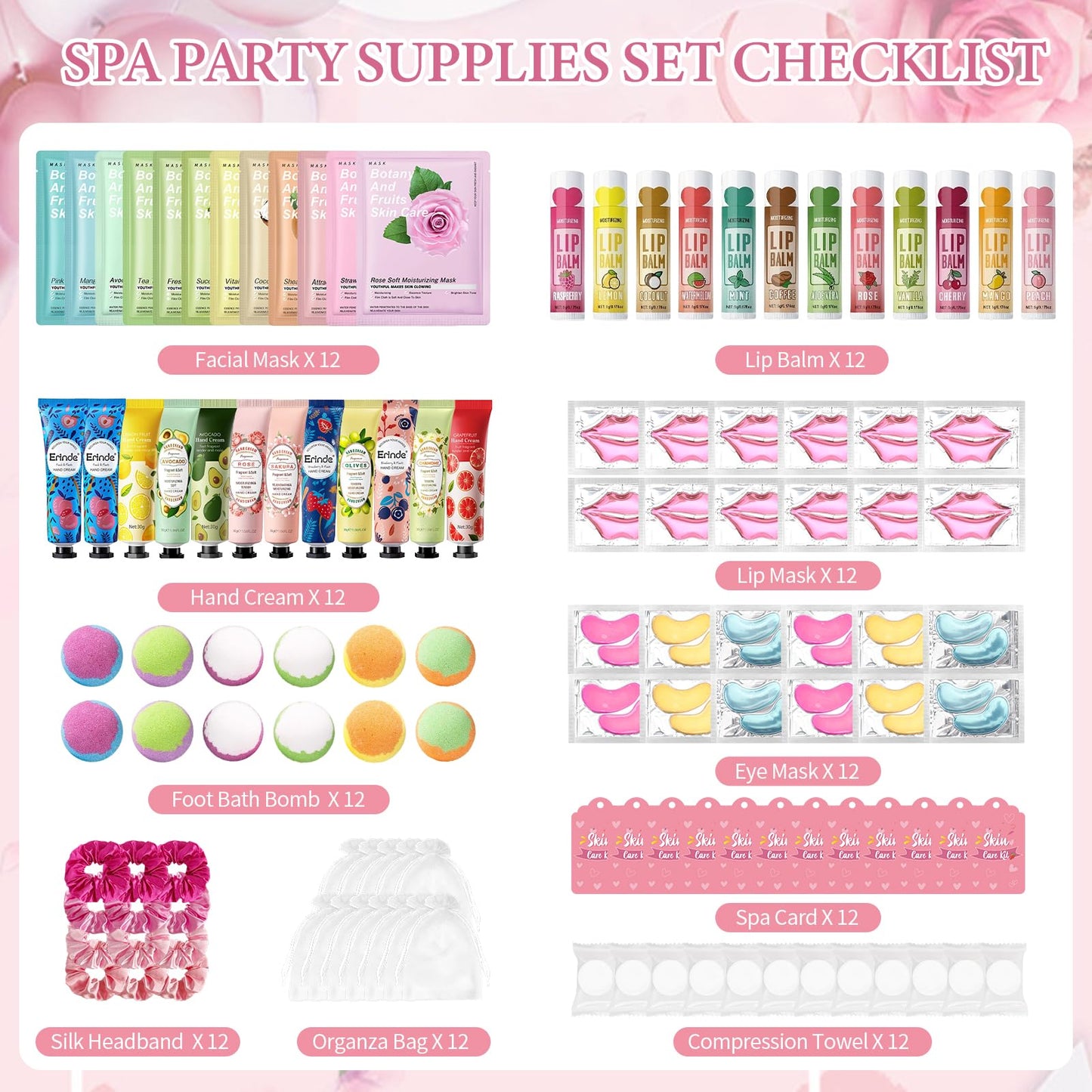 120 PCS Spa Party Supplies for Girls, Spa Party Favors Include Face Masks Skincare, Hand Cream, Lip Balm, Under Eye Patches, Lip Mask, Foot Bath Bombs, Bulk Birthday Sleepover Party Supplies for Women