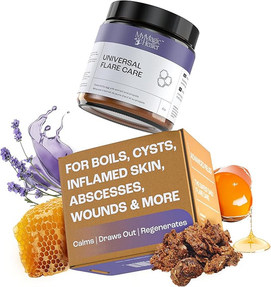 Universal Flare Care | Relief for 97% of Skin Issues | Cysts, Inflamed Skin, Hidradenitis Suppurativa, Abscesses, Impetigo | All Natural Flare Up Solution With Propolis & Egg Yolk Extract 4 oz