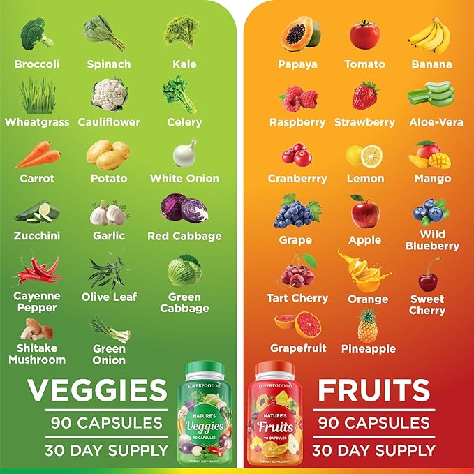 Superfood MD Fruits & Veggies Supplement - Whole Food Natural Superfoods - Supports Energy Levels, with Aloe Vera - Soy Free- 90 Count (Pack of 2)