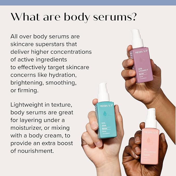 Medix 5.5 Anti Aging Body & Face Serum 3PC Bundle, 10% AHA Exfoliating Serum + 3% Hyaluronic Acid Hydrating Serum + 20% Vitamin F Oil Body Booster & Facial Serum For Daily Skin Care Routine