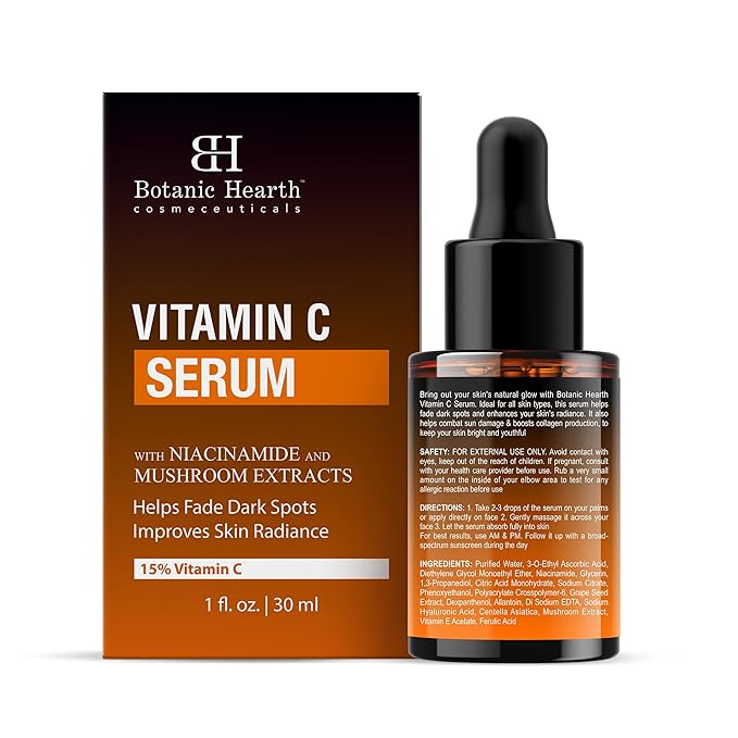 Botanic Hearth 15% Vitamin C Face Serum With Niacinamide, Hyaluronic Acid, Allantoin, Cica, Ferulic Acid & Vitamin E | Targets Dark Spots, Sun Damage, Wrinkles To Brighten & Even Tone Skin| 1Fl Oz