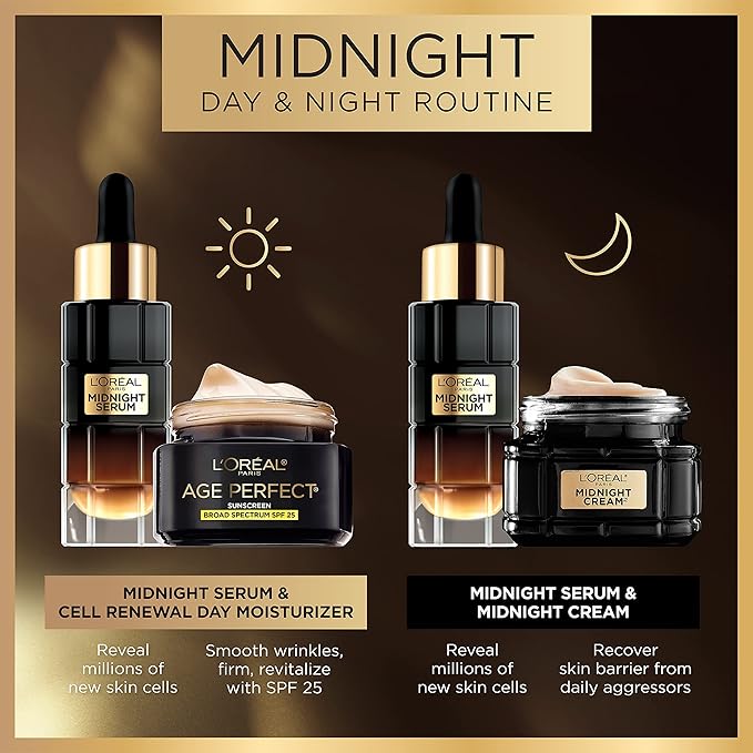 L'Oreal Paris Age Perfect Anti-Aging Midnight Face Serum, Reduce Wrinkles 1oz + Eye Cream Sample