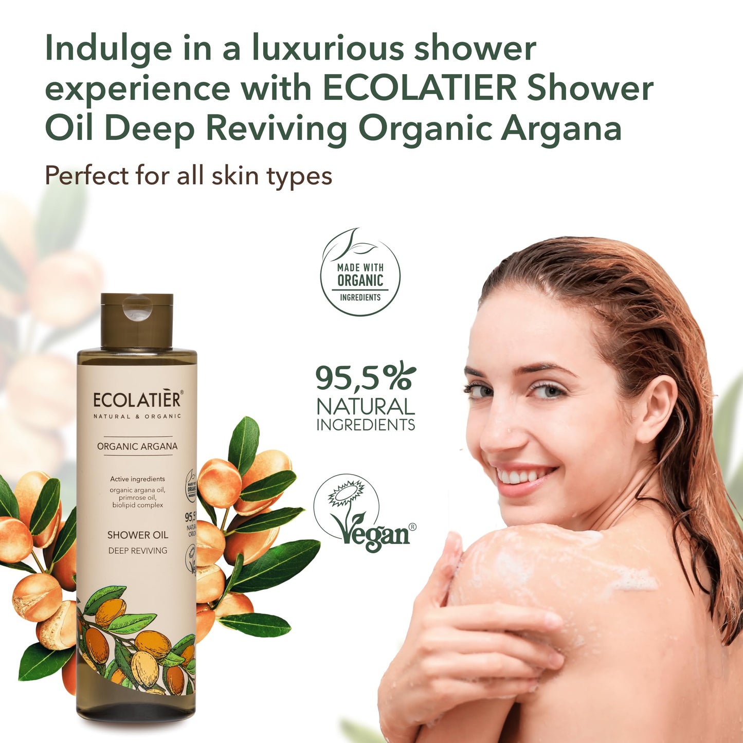 ECOLATIÈR Shower Oil, Facial Foam Cleanser & Daily Facial Cream - Revitalizing & Nourishing Organic Argana Bundle - Hydrating, Anti-Aging & Skin Elasticity Boost Care Set