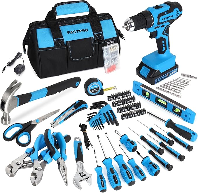 FASTPRO 232-Piece 20V Cordless Drill Driver & Home Tool Set, Home Repairing Tools Kit with Drill, 12-Inch Wide Mouth Open Storage Bag, Blue