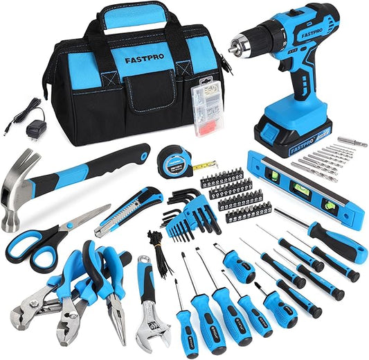 FASTPRO 232-Piece 20V Cordless Drill Driver & Home Tool Set, Home Repairing Tools Kit with Drill, 12-Inch Wide Mouth Open Storage Bag, Blue
