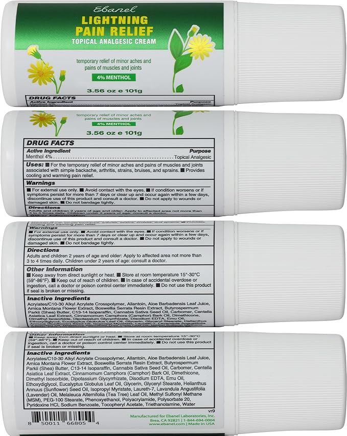 Ebanel Pain Relief Roll On for Arthritis, Foot, Back, Joint, Neck, Strains & Sprains with Menthol, Camphor, Arnica, Emu Oil, MSM, Boswellia, Targeted Muscle Pain Relief Roll On