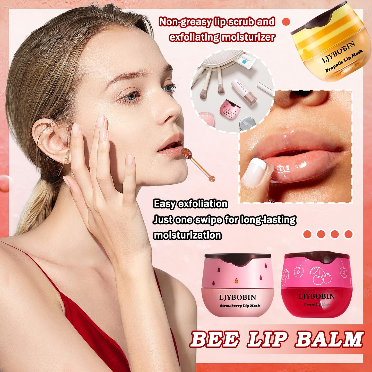 3PCS Bee Lip Balm Honey Pot with Brush,Day and Night Hydrating Sleeping Lip Mask,Honey & Strawberry & Cherries Gentle Tinted Lip Balm,Non-Greasy Lip Scrubs Exfoliator Moisturizer