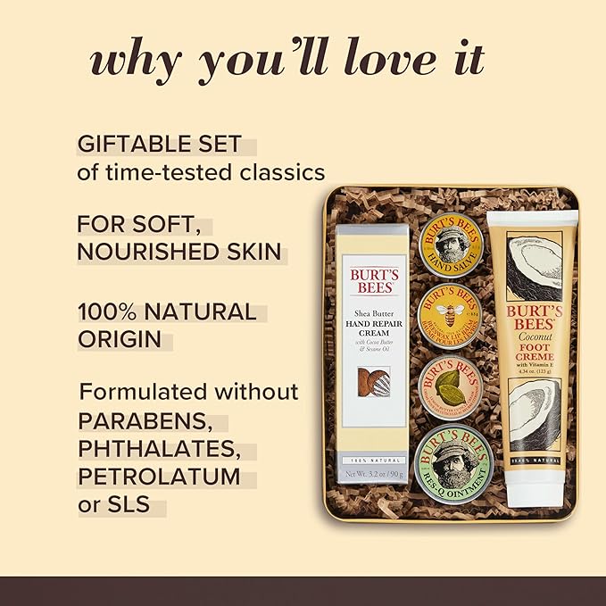 Burt's Bees Back To School Gifts Ideas - Classics Set, 6 Products in Giftable Tin – Cuticle Cream, Hand Salve, Lip Balm, Res-Q Ointment, Hand Repair and Foot Cream