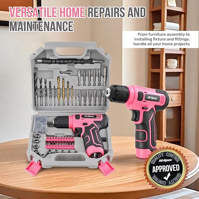 Hi-Spec 110pc Pink 8V USB Electric Power Cordless Womens Drill Driver Set. Drill Bits, Sockets and Screwdriver Bit Set Accessories In a Portable Toolbox Case for Ladies