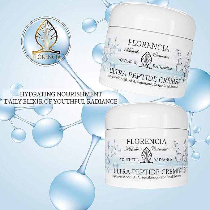 Florencia Ultra Peptide Cream - Nourishing, Organic Face Moisturizer with Hyaluronic Acid & Matrixyl 3000 - Hydrates, Rejuvenates, Firms, Improves Fine Lines - Natural & Vegan, 2 oz