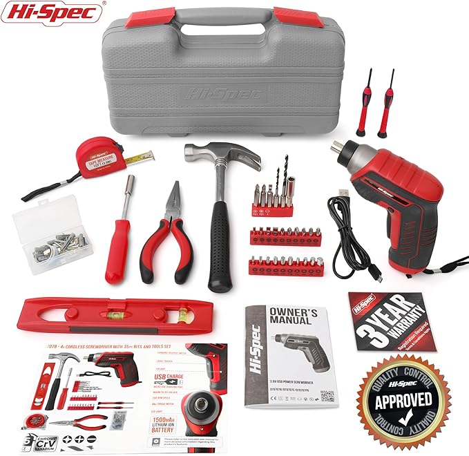 Hi-Spec 35pc Red Tool Kit with 3.6V USB Electric Screwdriver and Drill Set. Complete Basic Tool Set