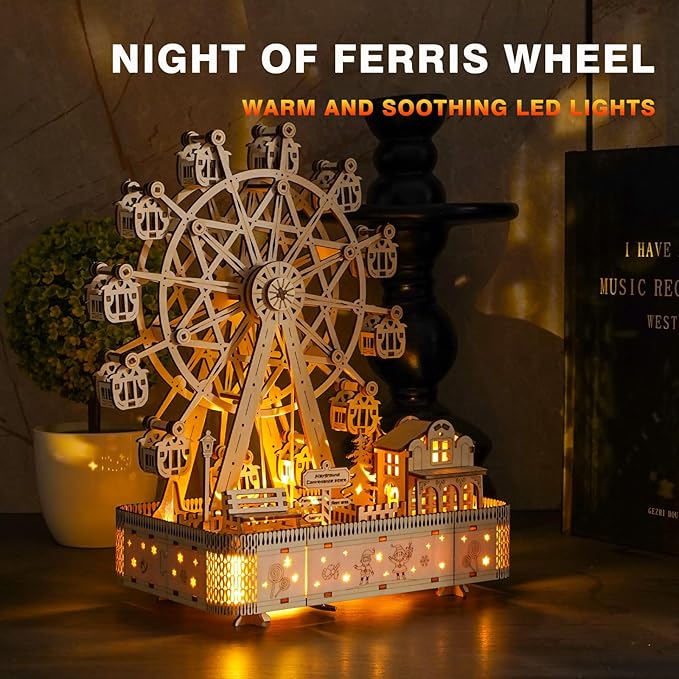 3D Wooden Puzzle Upgraded Ferris Wheels Music Box Model LED Light DIY Crafts Kits Home Decoration Brain Teaser Valentine’s Day Birthday Gift for Adults & Kids (Ferris Wheel LG)