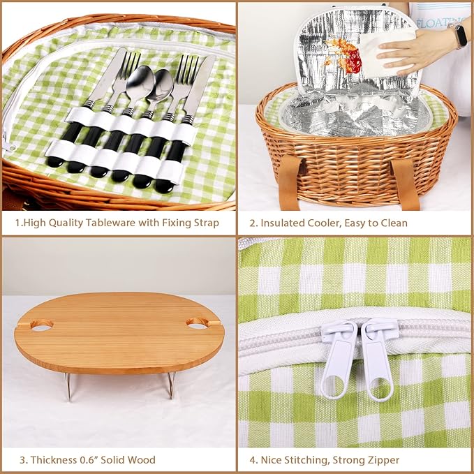 Hap Tim Wicker Picnic Basket Set for 2 with Mini Folding Wine Picnic Table & Large Insulated Cooler Bag & Cutlery Service Kits for 2 Person, Couples Gifts, Wedding Gifts (Y2209-2-GR)