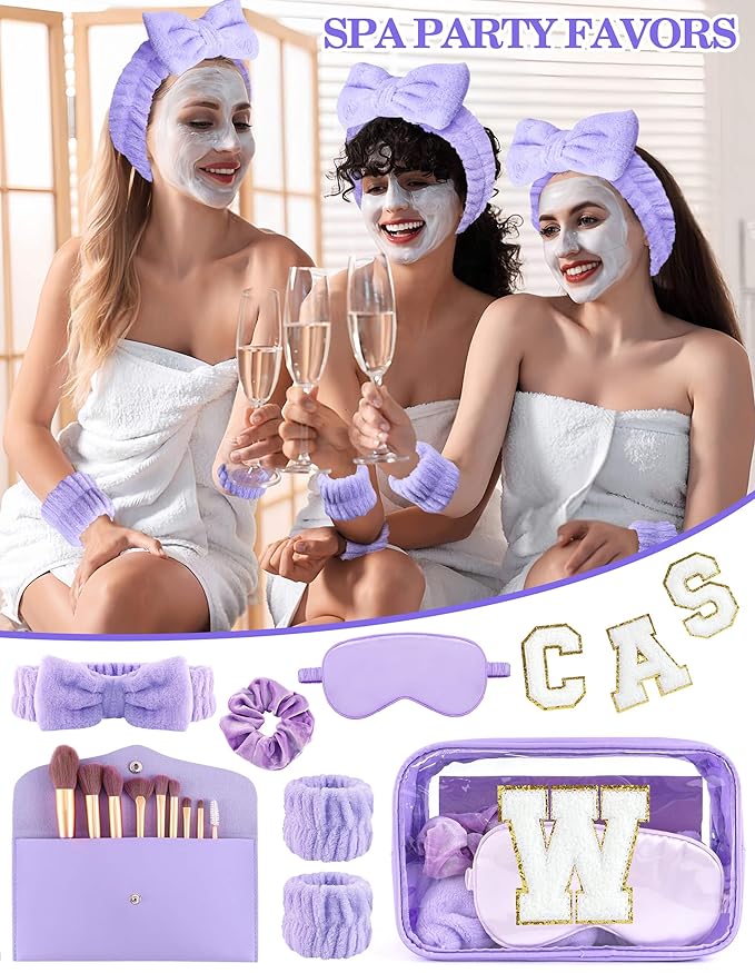 Gift Sets for Women, Initial Makeup Bag with Makeup Brush Set Bachelorette Party Favors, Purple Spa Kit with Skincare Headbands Wrist Bands Sleepover Party Supplies Gifts for Teen Girls Bridesmaid W