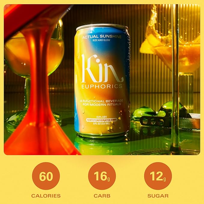 Kin Euphorics Actual Sunshine Non-Alcoholic Functional Beverage | Rise and Glow from Within | Immunity + Beauty Booster | Adaptogens, Nootropics | 8 FL Oz, 12PK
