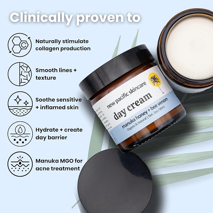 Organic Bee Venom + Manuka Day Barrier Face Moisturizer | Hydrating, Anti-Wrinkle, Collagen Booster | 2.5 month supply, 2oz/60ml | Made in New Zealand