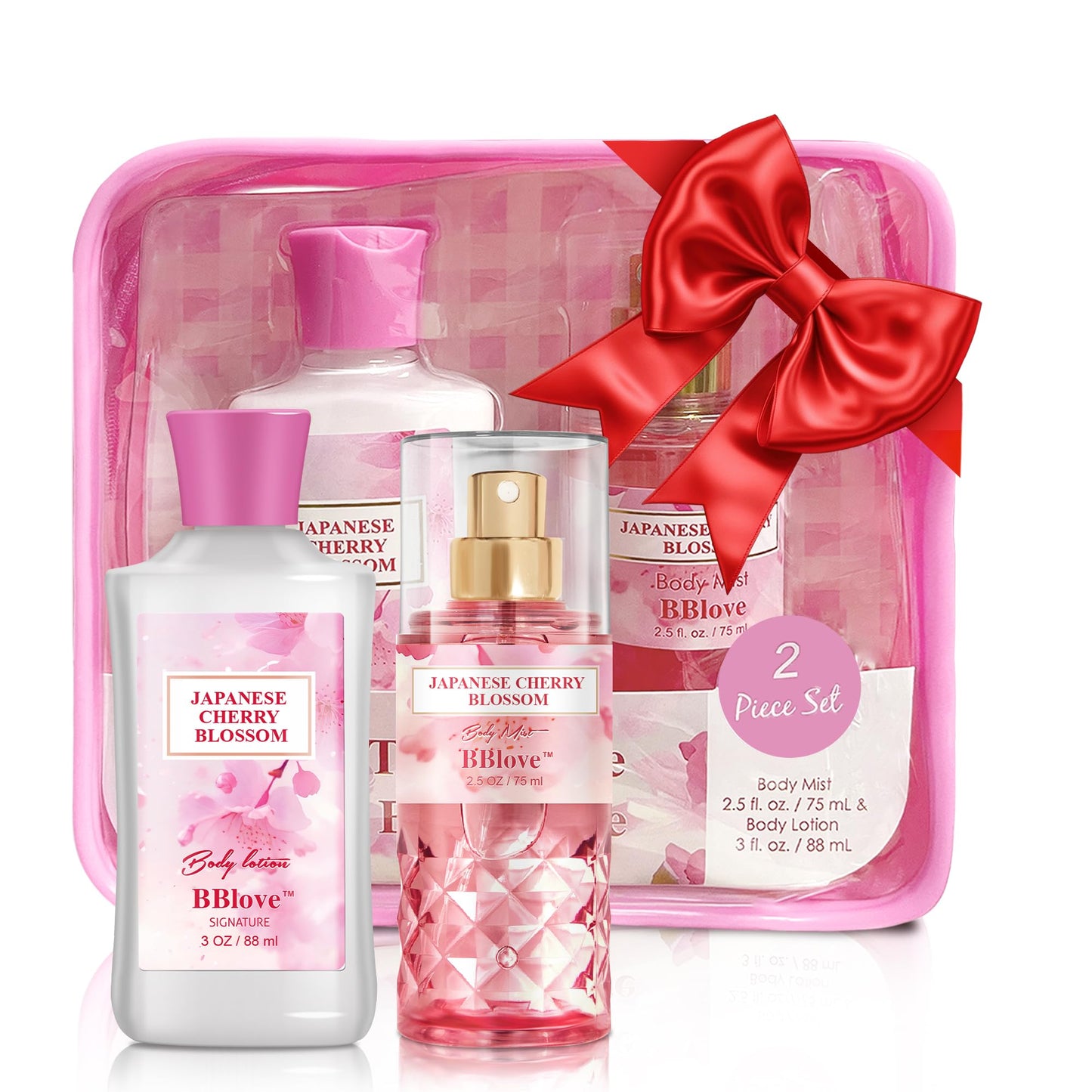 BBlove Japanese Cherry Blossom Bath and Body Gift Set - 2-Piece Travel Skincare Essentials (3oz Body Lotion + 2.5oz Fragrance Mist) Lightweight Hydrating Duo, Holiday Gift Set