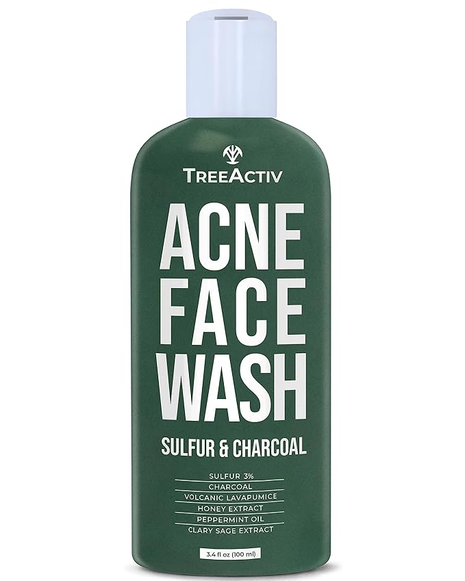 TreeActiv Acne Charcoal Face Wash 3.4 oz, Exfoliating Daily Honey & Sulfur Face Wash - Sulfur Acne Treatment Cleanser Face Soap, Mens Face Wash, Deep Cleansing Moisturizing Face Wash for Women and Men