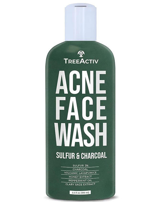 TreeActiv Acne Charcoal Face Wash 3.4 oz, Exfoliating Daily Honey & Sulfur Face Wash - Sulfur Acne Treatment Cleanser Face Soap, Mens Face Wash, Deep Cleansing Moisturizing Face Wash for Women and Men
