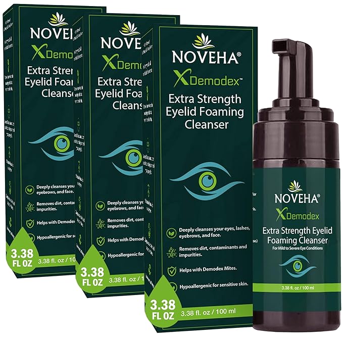 NOVEHA Demodex Eyelid Cleanser Foam | Extra Strength Tea Tree Oil Formula | Daily Face Wash For Eyelash, Demodex, MGD, Stye Eyes, Eye Irritations & Skin Dryness, 3.38 fl oz (3 Pack)