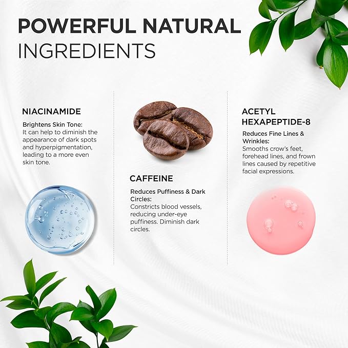 Under Eye Cream for Puffiness and Bags: Caffeine Serum Roller for Dark Circles Treatment - With 5% Caffeine Retinol Hyaluronic Acid Niacinamide Peptides 0.5 fl. oz