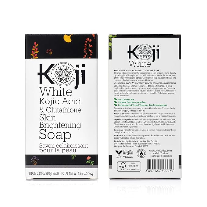 Koji White Kojic Acid & Glutathione Skin Brightening Soap for Body & Face Exfoliating, Hydrating and Cleansing Bar for Reduce the Appearance of Fine Lines and Wrinkles, Vegan, 2.82 oz (2 Bars)