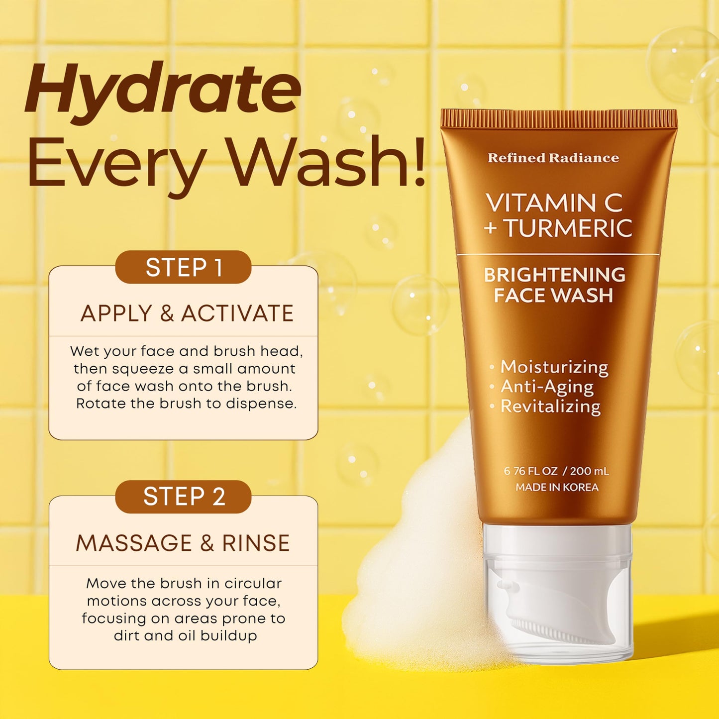 Refined Radiance Vitamin C & Turmeric Face Wash – Dermatologist Tested, Anti-Aging, Korean Skin Care – Evens Skin Tone, Reduces Dark Spots, Boosts Radiance – Clean Vegan Beauty – 200 ML