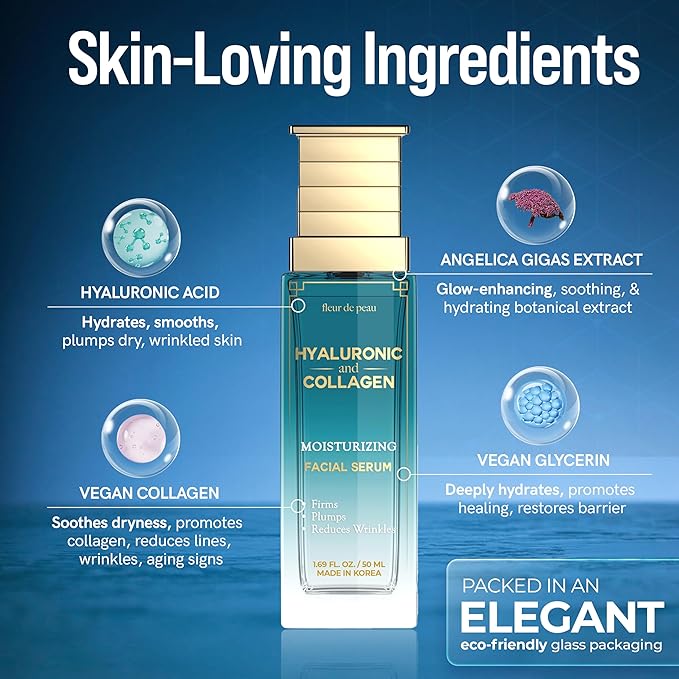 Fleur De Peau Hyaluronic Acid Serum For Face with Collagen - Dermatologist Tested, Anti-Aging, Ultra Hydrating, Firming, & Smoothing Korean Skin Care - 95% Natural, Clean Beauty, Vegan - 1.69 FL. Oz