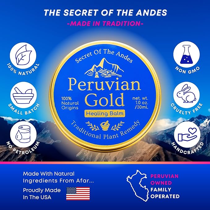 Peruvian Gold | All Purpose Healing Balm | Scars, Eczema, Facial Moisturizer Cream, Dry Skin, Hair, Sun Burns | All Organic Fair Trade Ingredients (2 Fl Oz) 2 Ounces Sustainably sourced ingredients