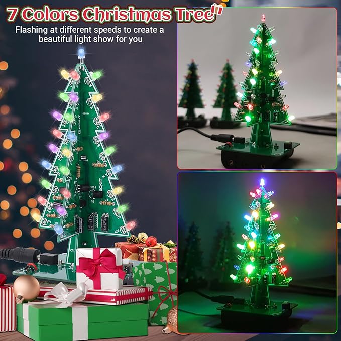 Christmas Tree Soldering Project, Icstation 3D Xmas Tree Soldering Kit with LED Flashing Lights Soldering Practice 7 Colors DIY Electronic Assemble Kit for Learning Teaching STEM Educational