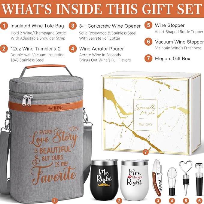 Anniversary Engagement Gifts for Men Women, Mr and Mrs Wine Tumblers Gifts - Funny Wedding Gifts for Couple, Bridal Shower, Newlywed - Insulated Wine Cooler Tote Bag with Glasses and Wine Accessories