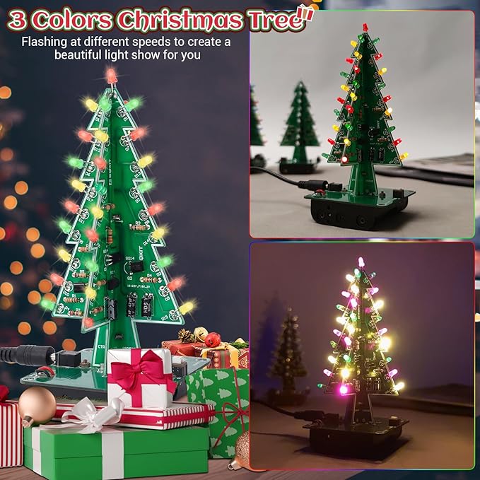 Christmas Tree Soldering Project, Icstation 3D Xmas Tree Soldering Kit with LED Flashing Lights DIY Soldering Practice 3 Colors Christmas Tree Assemble Kit for Learning Teaching STEM Educational
